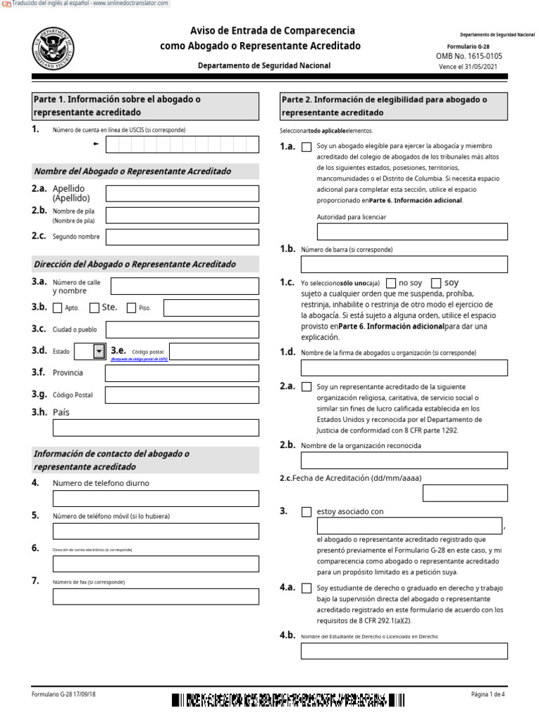 Formulario G-28 en Español | PDF | Documento de identidad | Abogado