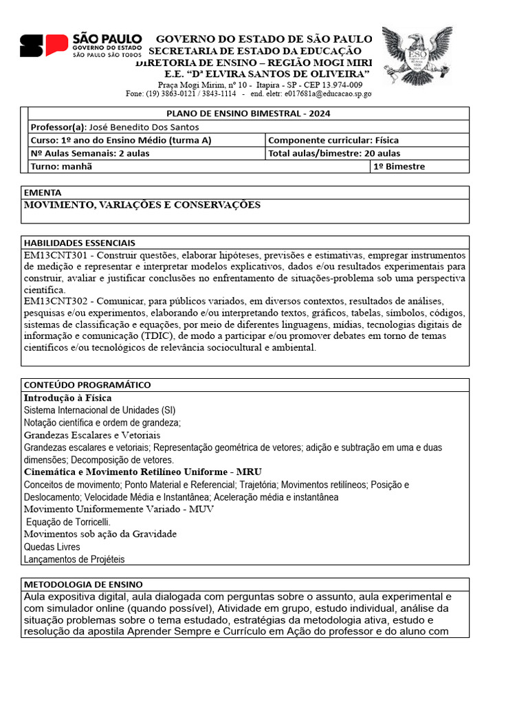 Plano de Ensino de Física - 1º Ano | PDF | Física