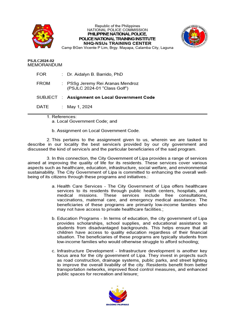 PSSG Mendroz, JRA - Local Govenment Assignment | PDF | Infrastructure ...