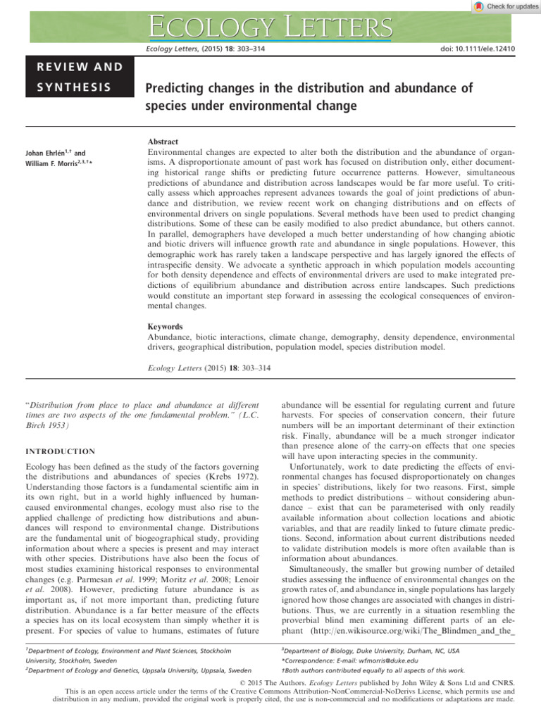 Ecology Letters - 2015 - Ehrlén - Predicting Changes in The ...