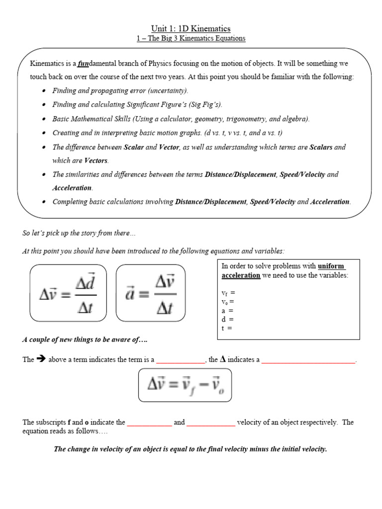 1D Kinematics: Big 3 Equations & Free Fall | PDF | Velocity | Kinematics