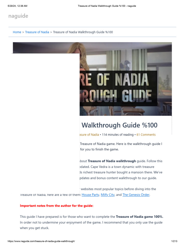 Treasure of Nadia Walkthrough Guide 0 - Naguide | PDF