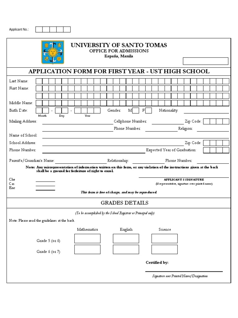 UST High School Application Form | PDF