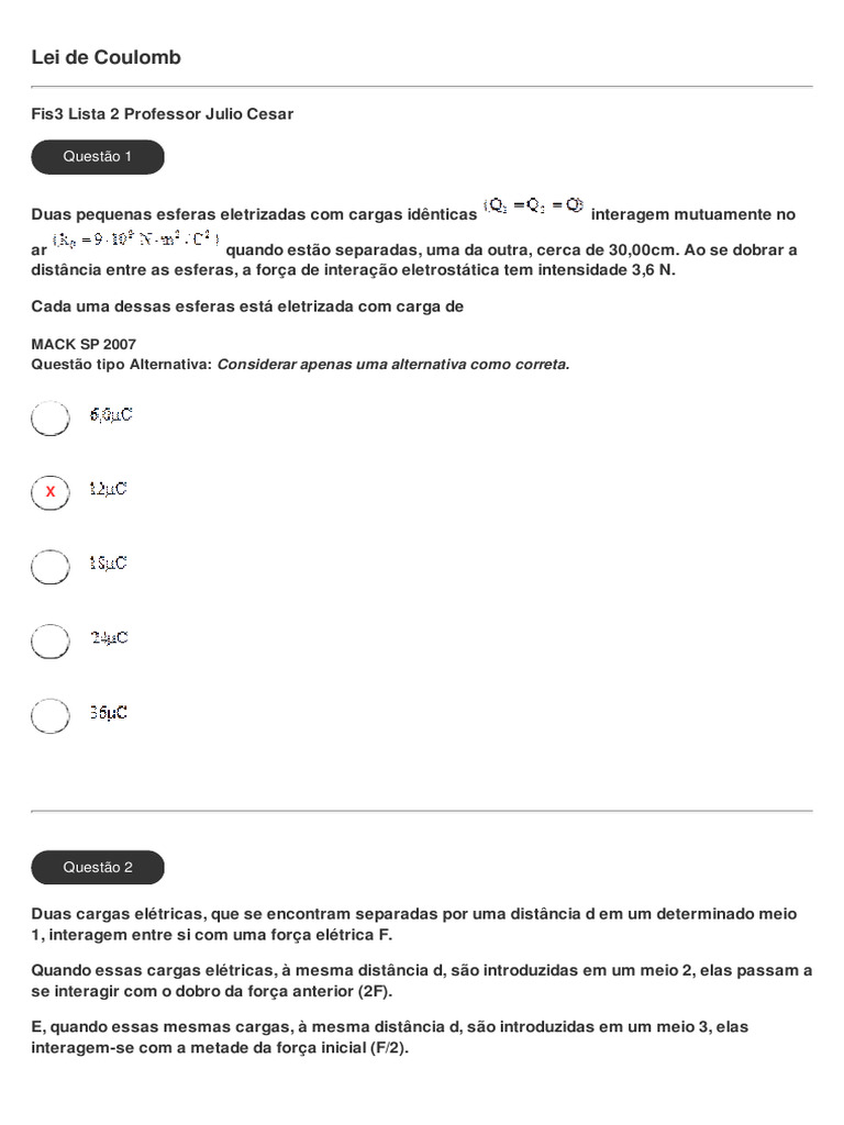 Questões sobre Lei de Coulomb e Eletrostática | PDF | Carga elétrica ...