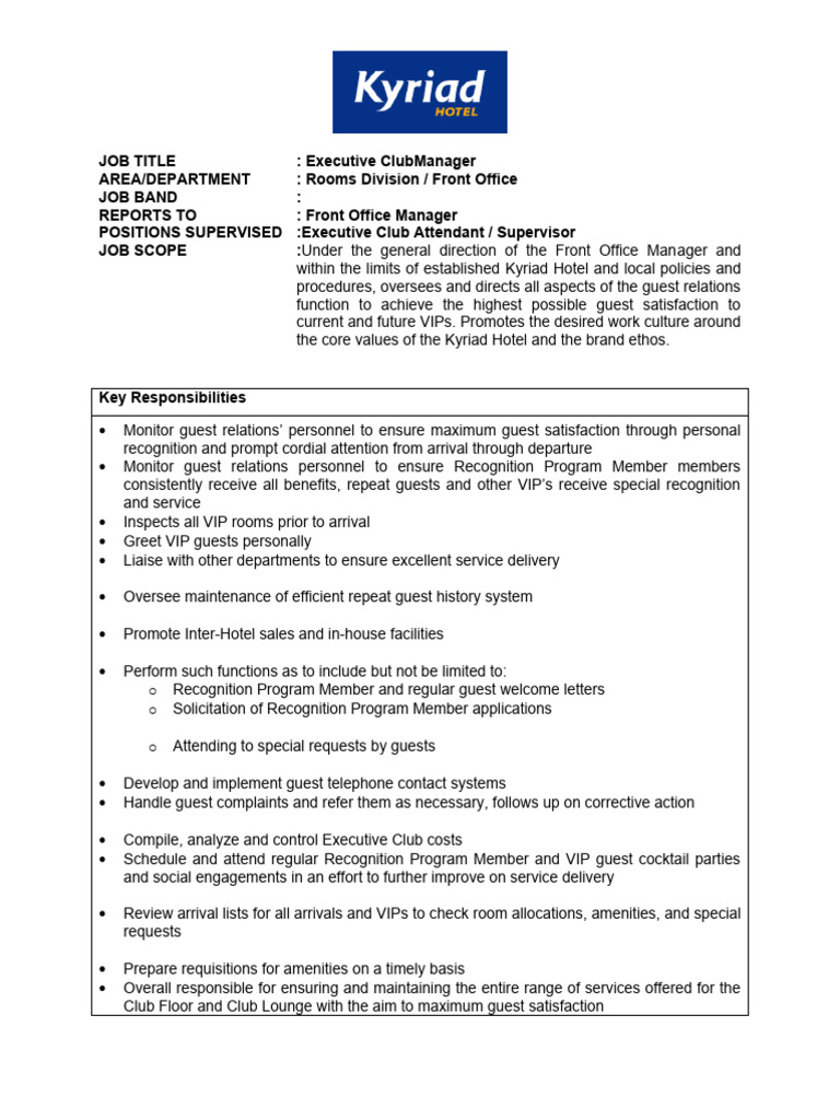 Executive Club Manager Job Description | PDF | Occupational Safety And ...