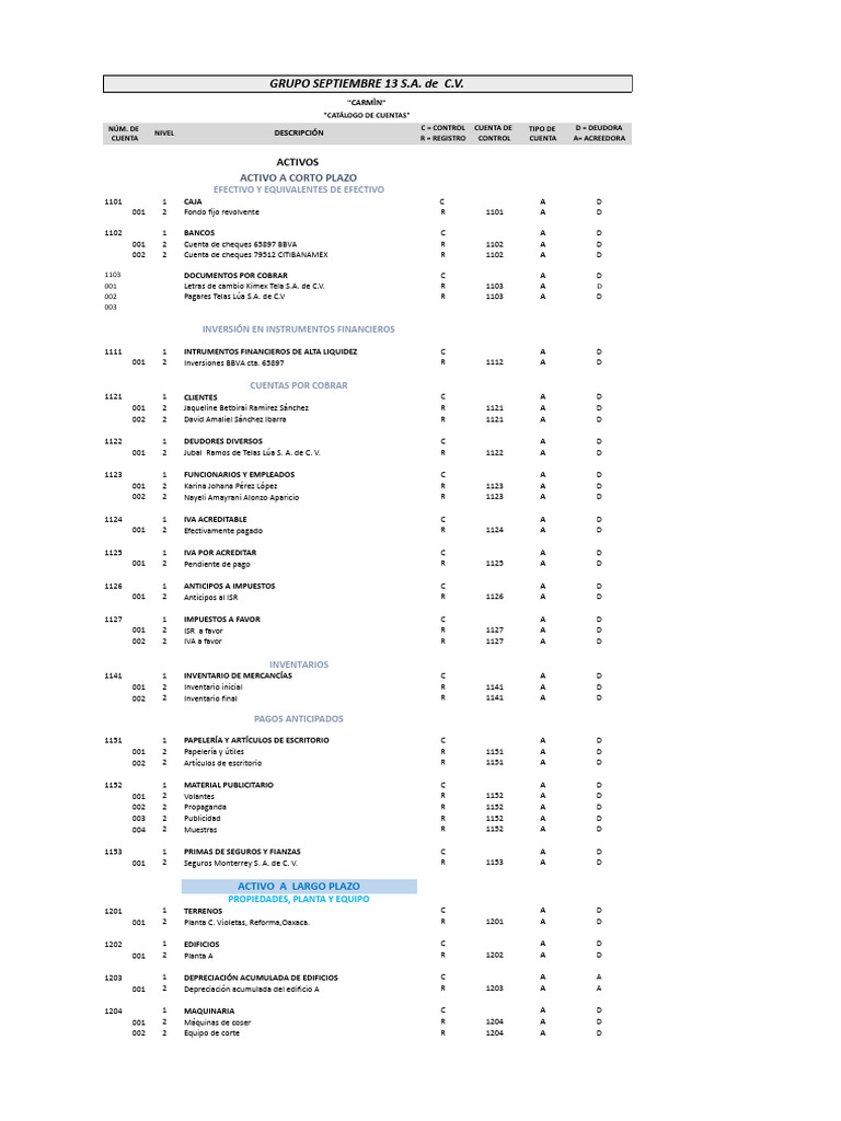 Catálogo de Cuentas Grupo Septiembre 13 | PDF | Hoja de balance ...