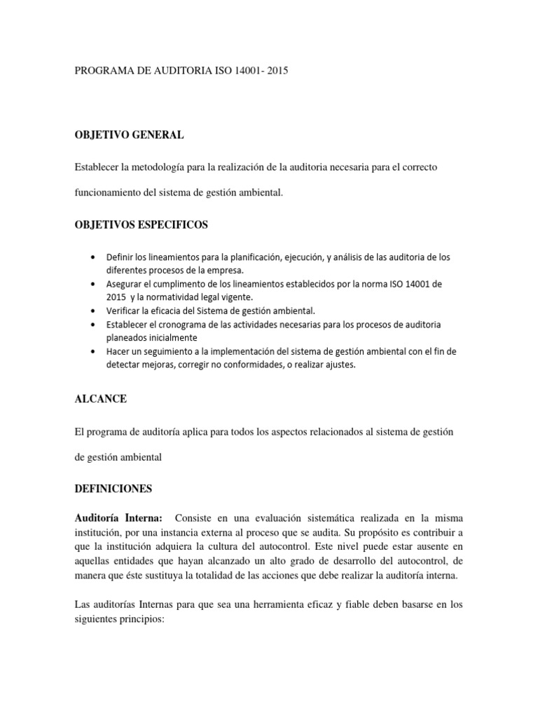 PROGRAMA DE AUDITORIA ISO 14001 de 2015 | PDF | Auditoría | Contralor