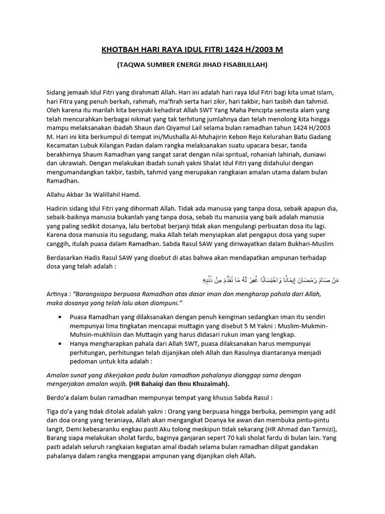 Khotbah Hari Raya Idul Fitri 1424 h Naskah Ke 5 | PDF