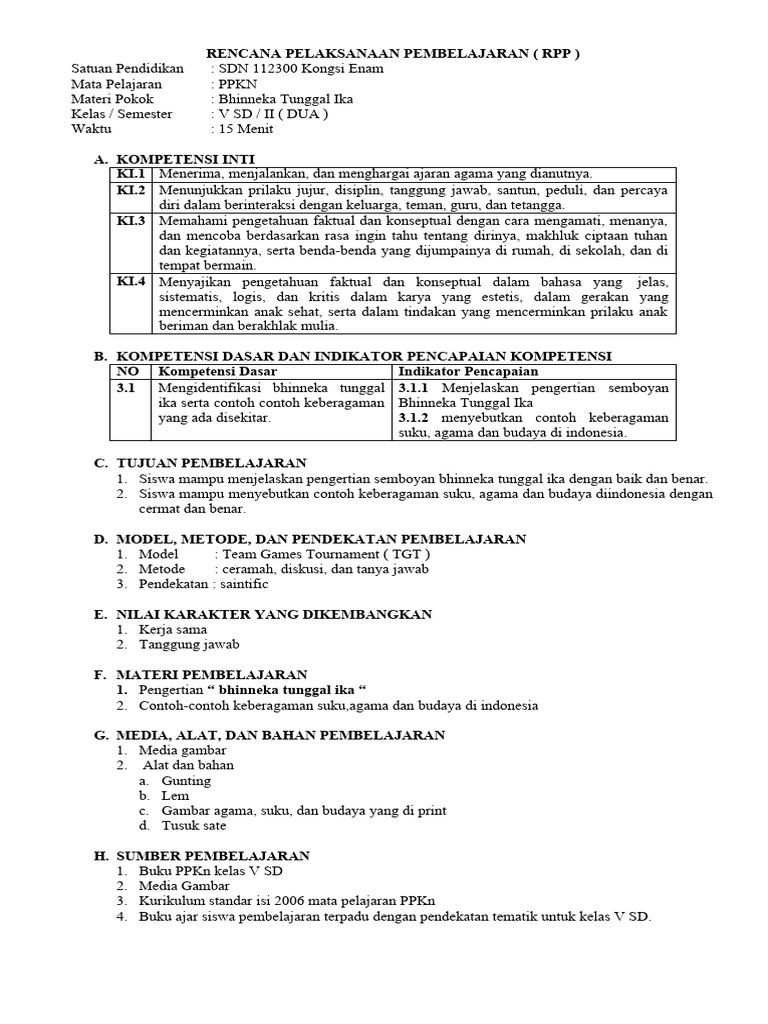 RPP PPKn Kelas 5: Bhinneka Tunggal Ika | PDF