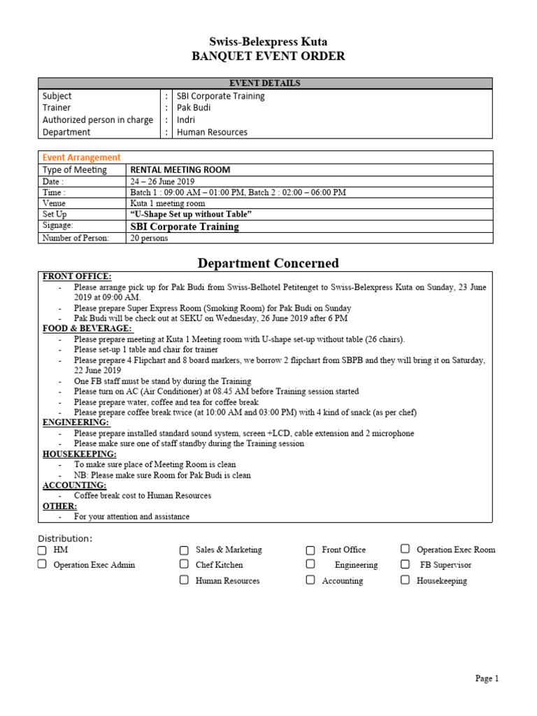 SBI Corporate Training Event Order | PDF | Cooking