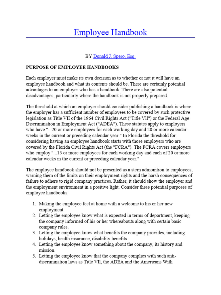Employee Handbook | Download Free PDF | Employment | Family And Medical ...