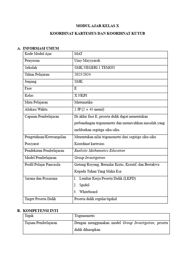 Modul Ajar Kelas Xi Koordinat Kutub Pdf