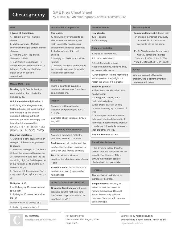 GRE Math Prep Cheat Sheet | PDF | Numbers | Division (Mathematics)