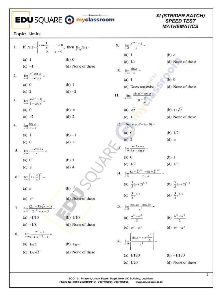 10+1 (Speed Test) Limits Maths | PDF
