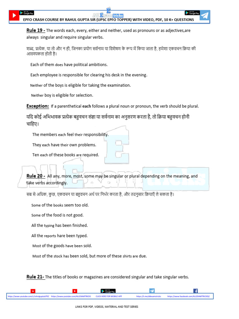 English Grammar Rule 19-25 | PDF | Grammatical Number | Plural