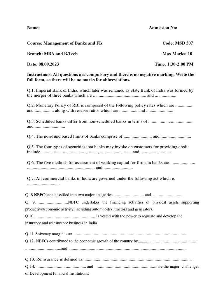 MBFI Quiz | PDF | Banks | Reserve Bank Of India