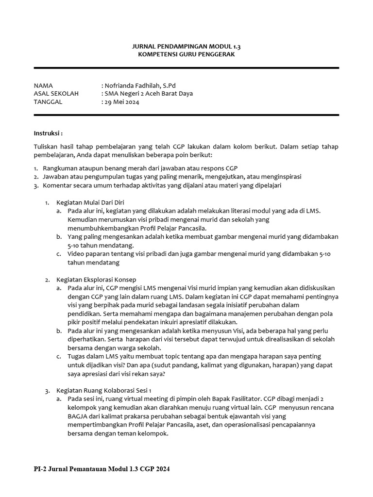 Jurnal Pembelajaran Guru Penggerak 2024 | PDF