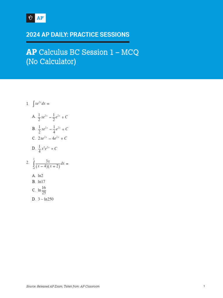 2024 AP Calculus BC Practice MCQs | PDF | Calculus