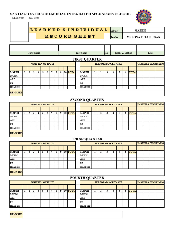 MAPEH Record Sheet 2023-2024 | PDF