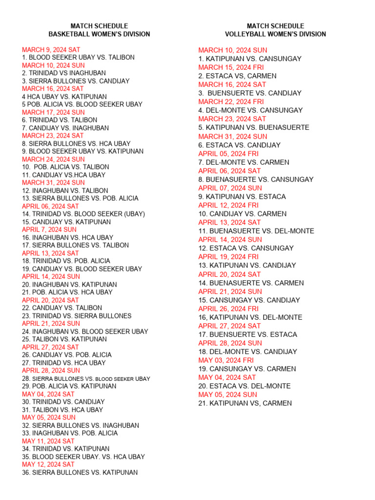Match Schedule 2024 Pdf Sports Recreation Law
