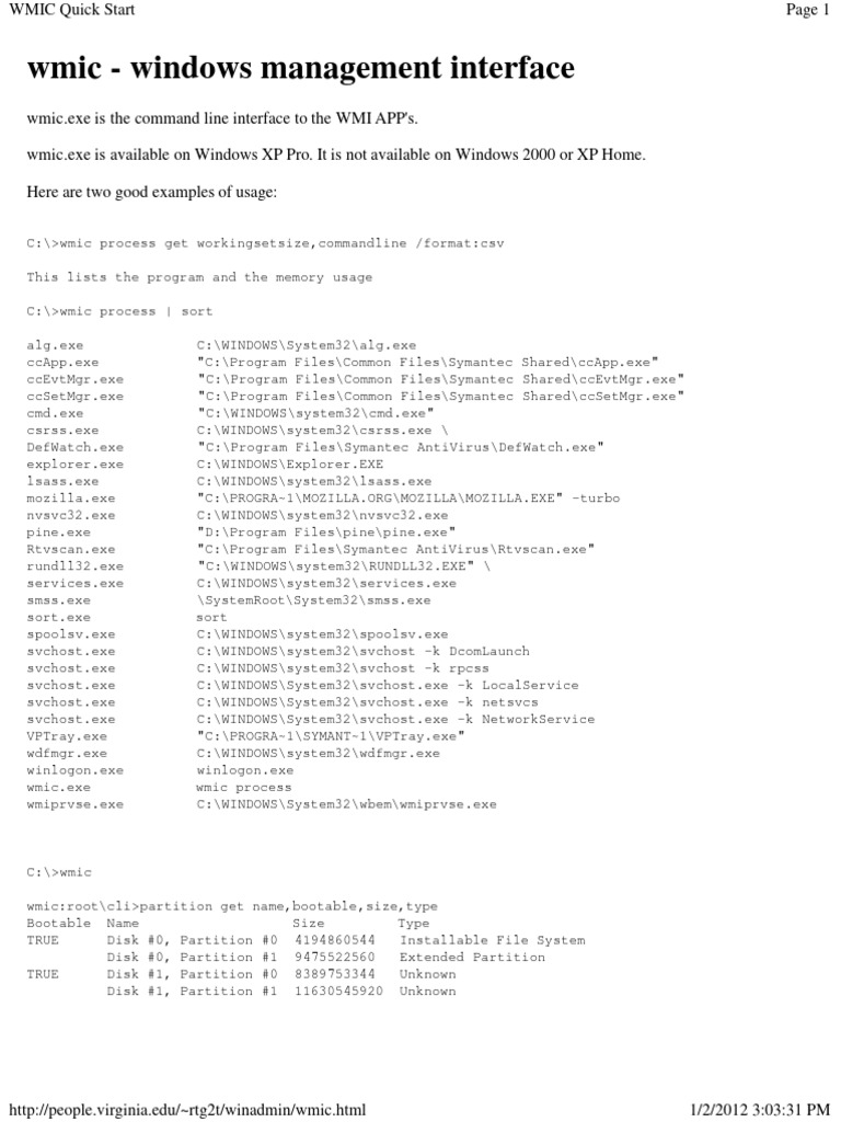 WMIC Quick Start | PDF | Microsoft Windows | Windows Xp