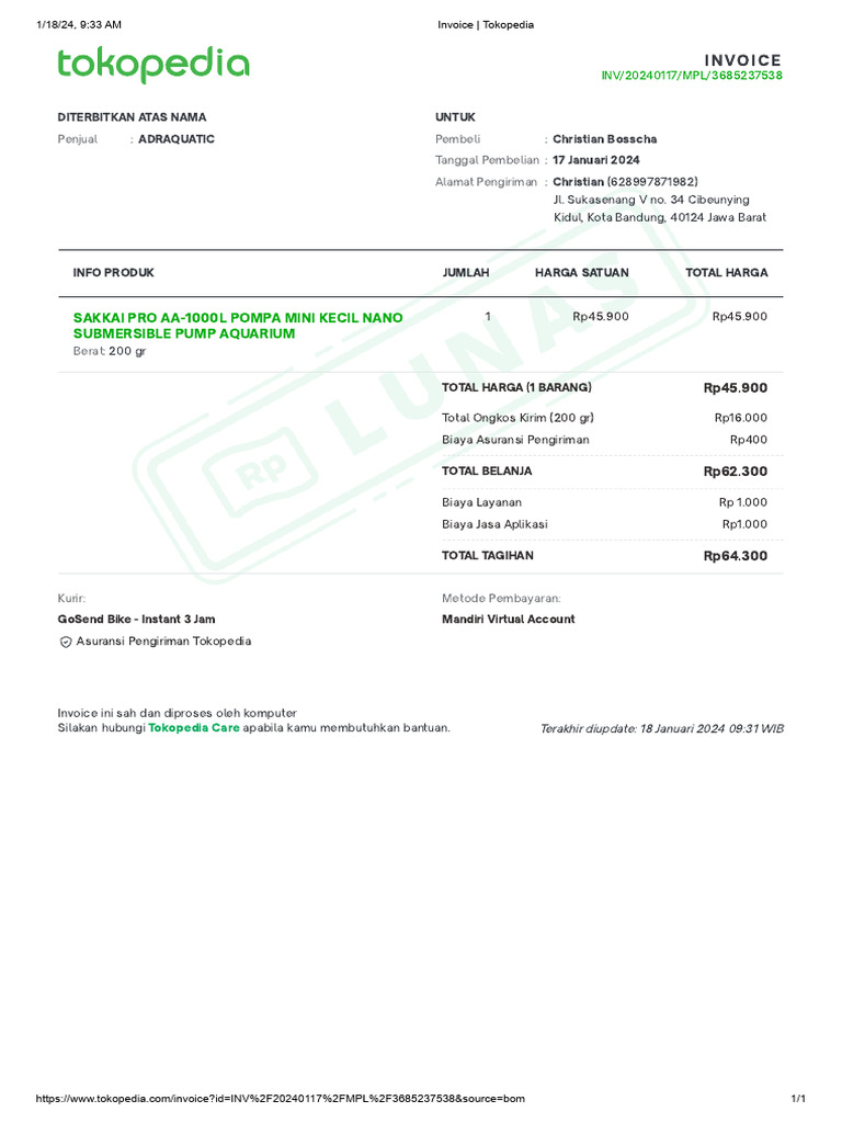 Invoice Pembelian Pompa Mini Tokopedia | PDF