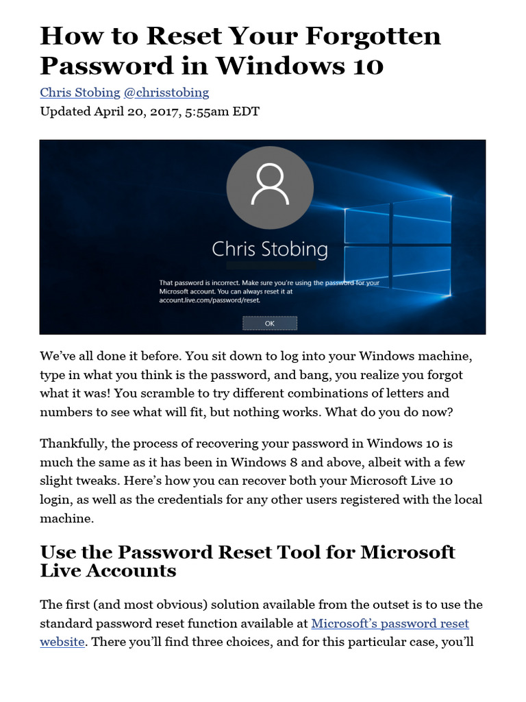 Reset Forgotten Windows 10 Password | PDF | Password | Windows 10