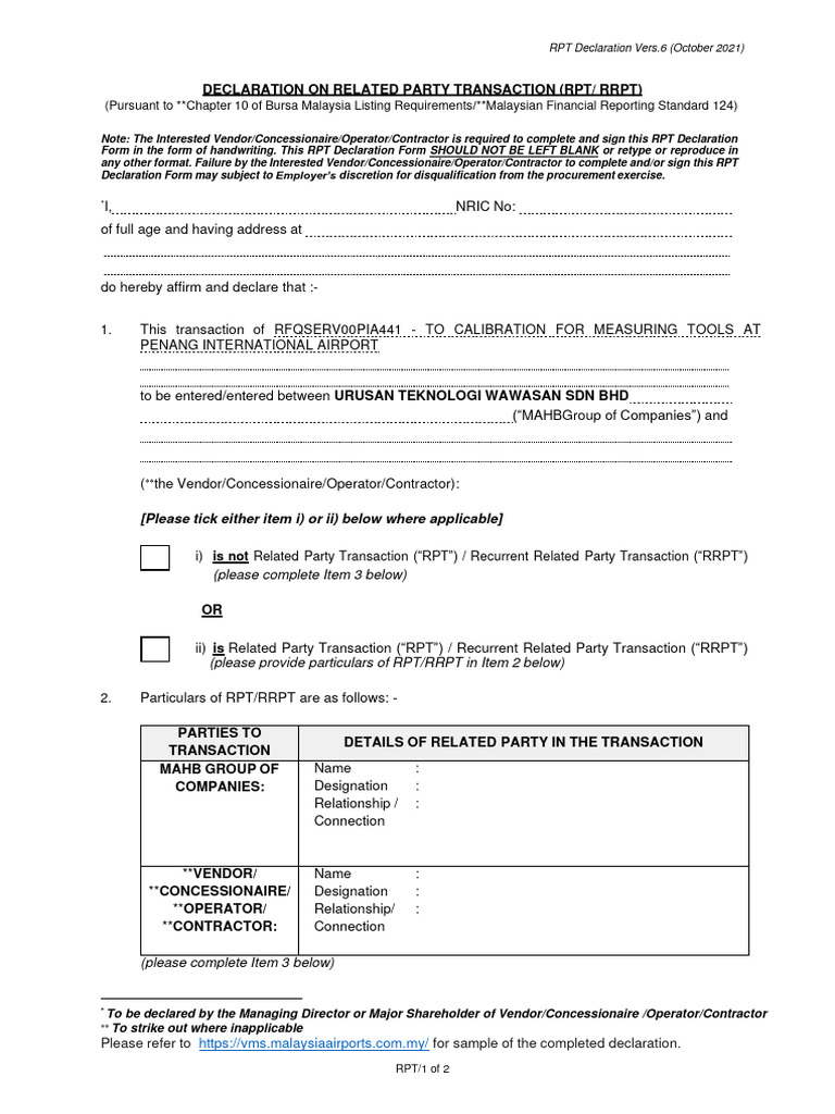RPT Declaration Form for Vendors | PDF | Financial Statement