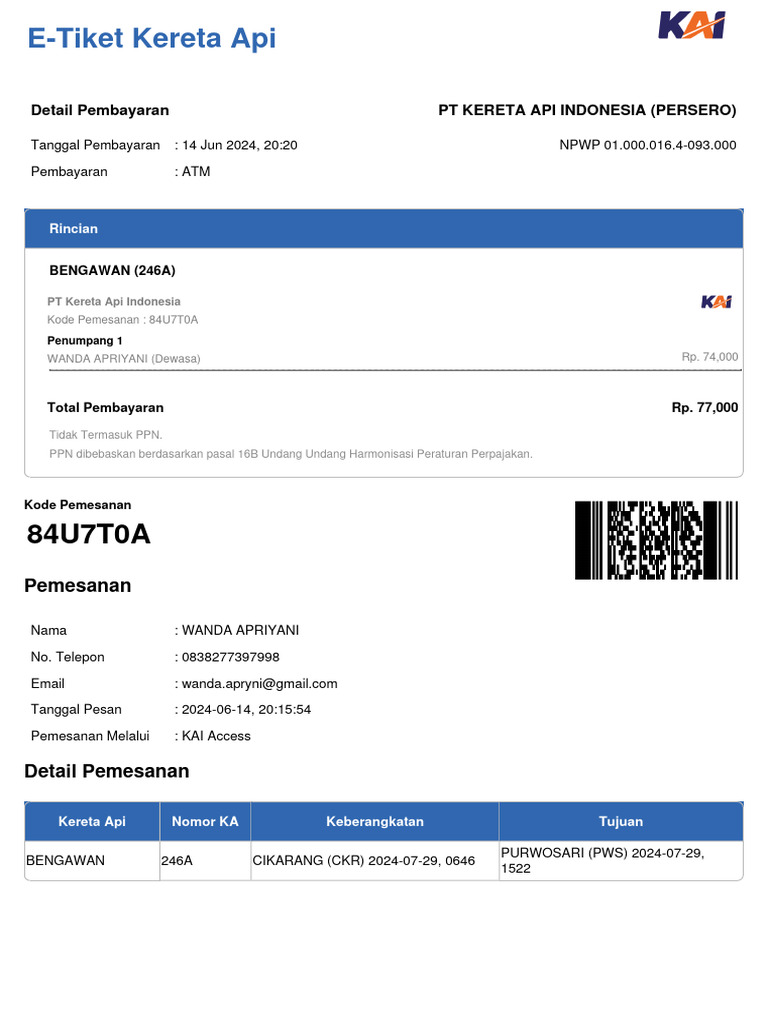 E-Tiket Kereta Api Wanda Apriyani | PDF