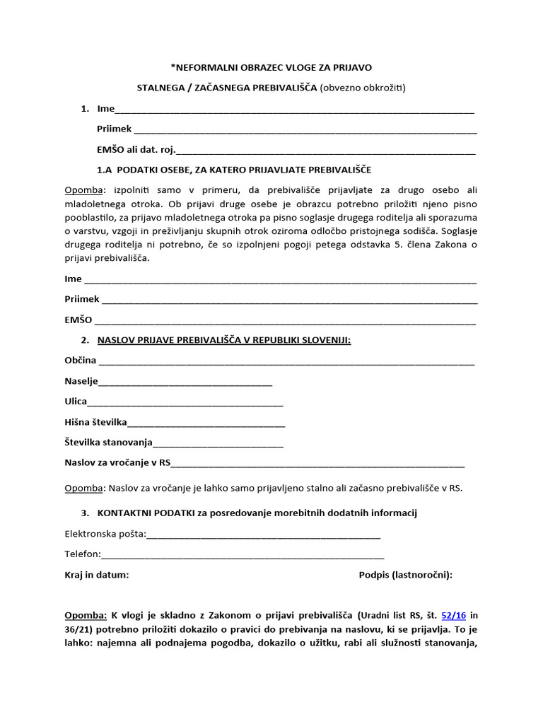 Vloga Za Prijavo Prebivalisca | PDF