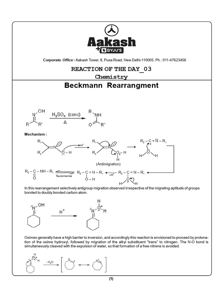 Beckmann Rearrangement Mechanism Explained | PDF | Chemical Reactions ...