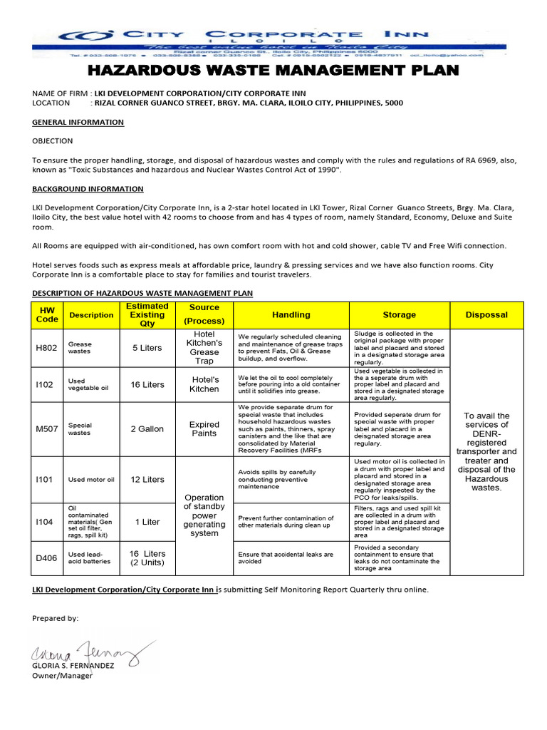 Hazardous Waste Management Plan | PDF | Waste | Fat