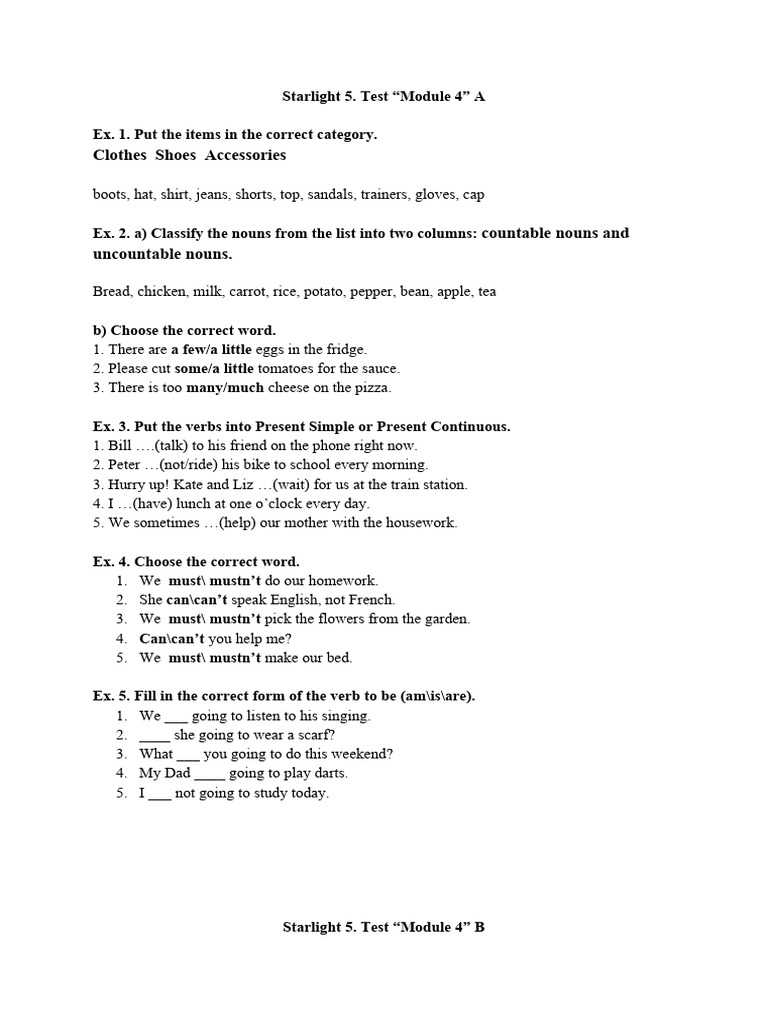 Starlight 5 Module 4 Test A & B | PDF | Noun | Foods