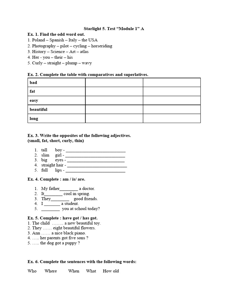 Starlight 5 Module 1 Test A & B | PDF
