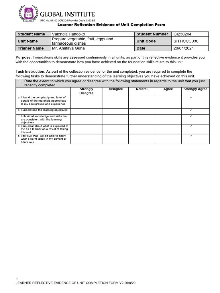 SITHCCC030 - Learner Reflection Form | PDF | Learning | Food Safety
