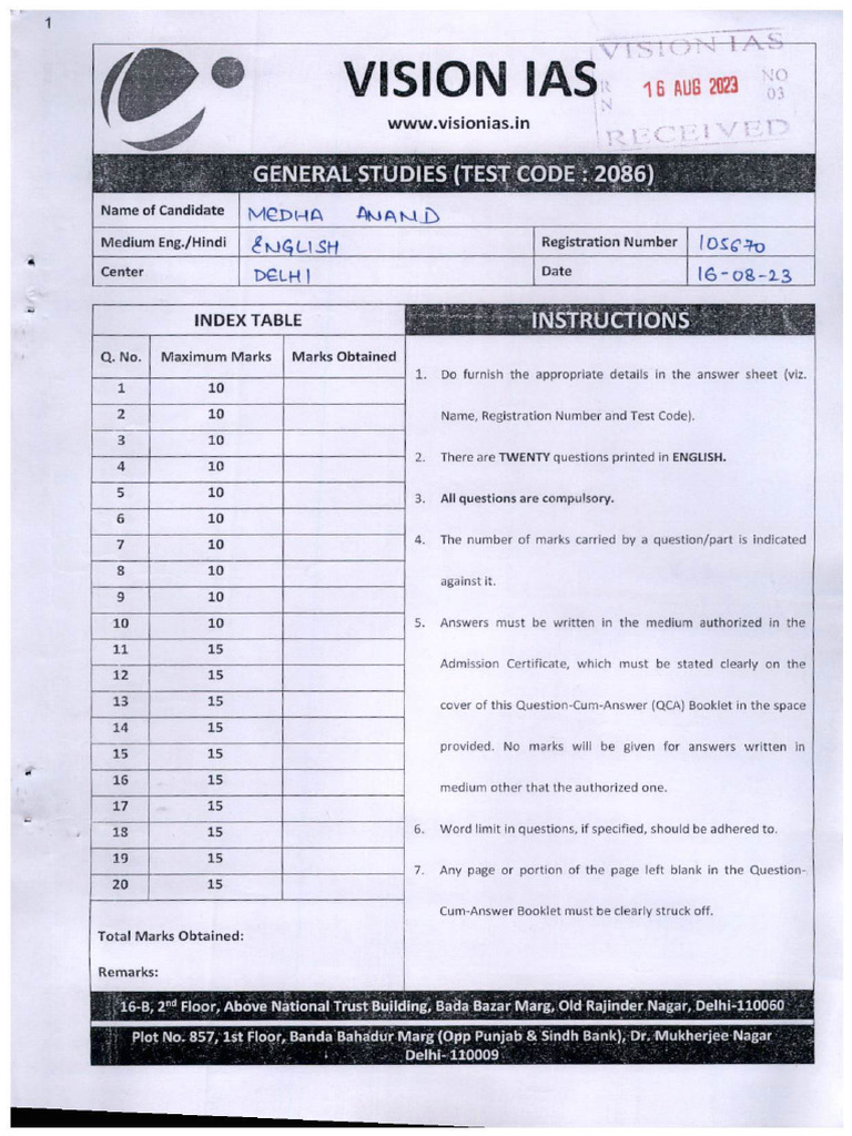 VisionIAS Toppers Answer Booklet MEDHA ANAND4 | PDF