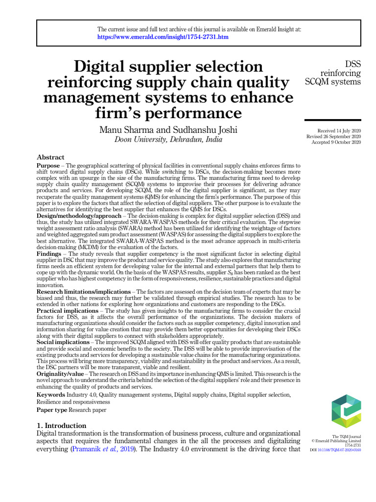 Digital Supplier Selection Reinforcing Supply Chain Quality Management ...