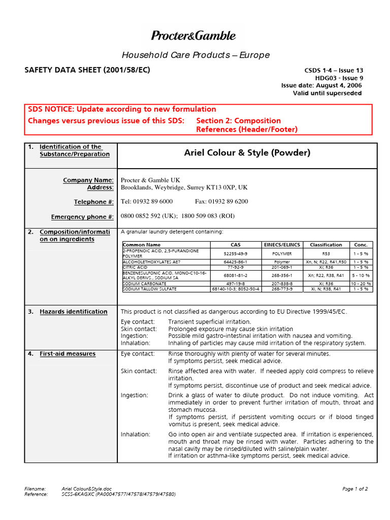 Ariel Colour & Style SDS Overview | PDF | Toxicity | Vomiting