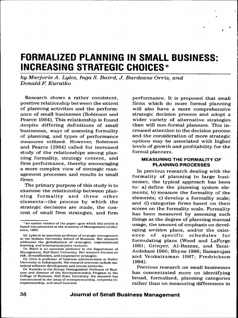 Formalized Planning in Small Business: Increasing Strategic Choices ...