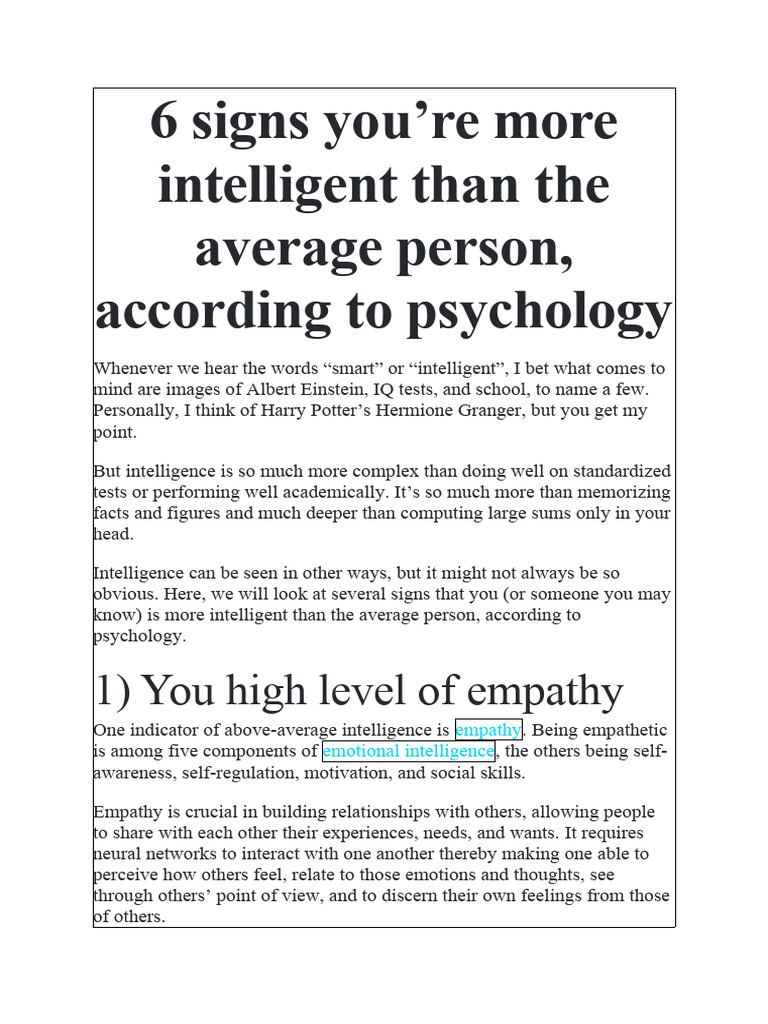 6 Signs of AboveAverage Intelligence PDF Self Awareness Empathy
