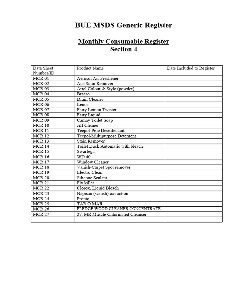 Monthly Consumable MSDS Register | PDF | Home & Garden