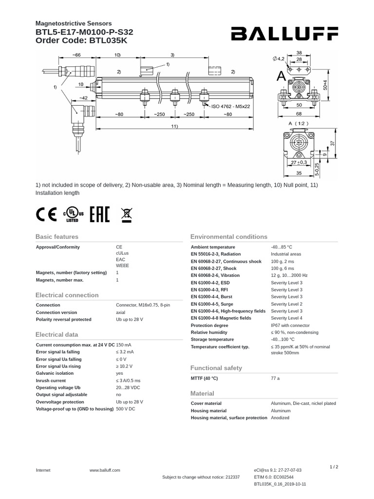 Magnetostrictive Sensor BTL5-E17-M0100 | PDF | Electrical Connector ...