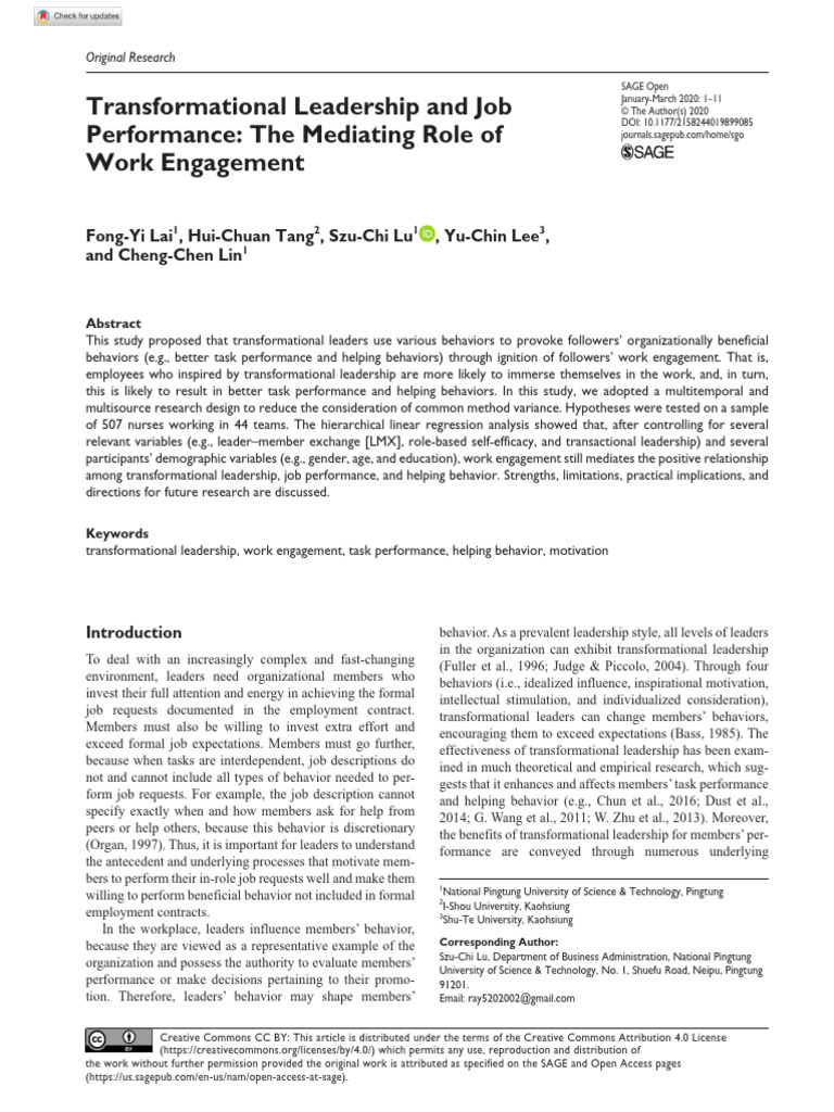 Transformational Leadership & Work Engagement | PDF | Transformational ...