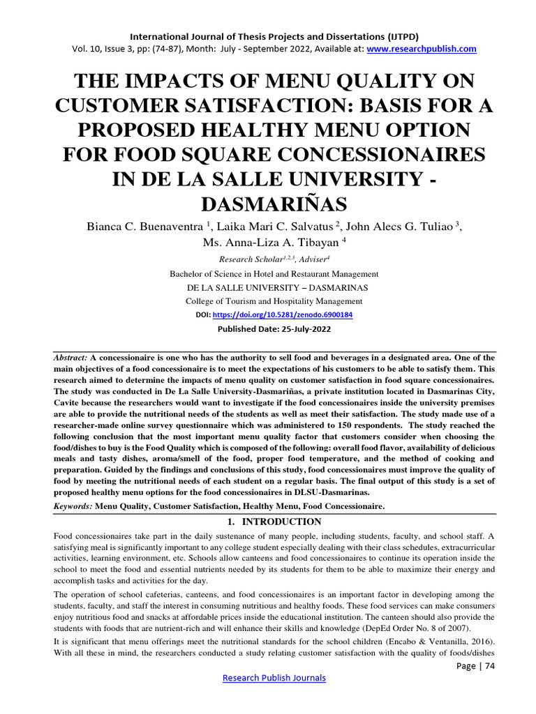 Menu Quality's Impact on Student Satisfaction | PDF | Survey ...