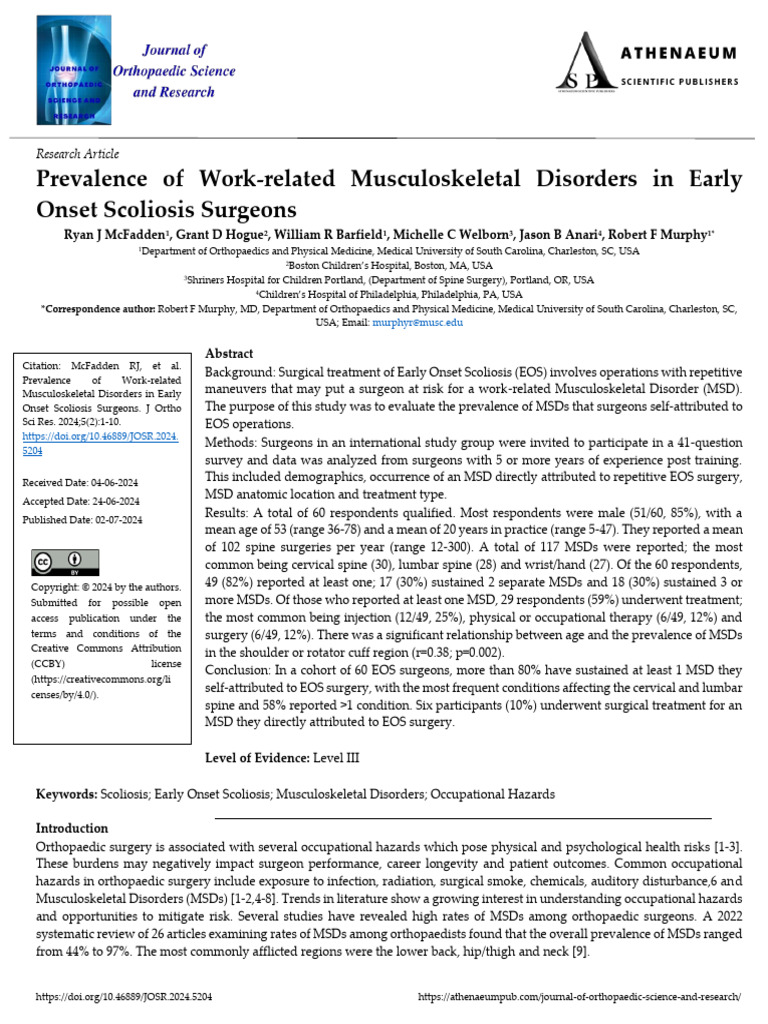 Prevalence of Work Related Musculoskeletal Disorders in Early Onset ...