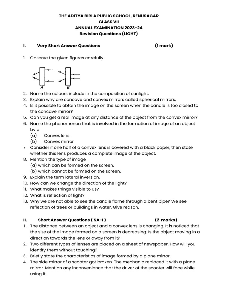 Class VII Light Revision Questions | PDF | Mirror | Glass Engineering ...