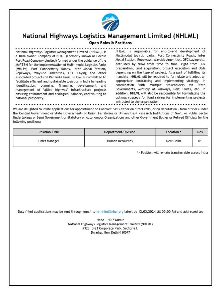 National Highways Logistics Management Limited (NHLML) : Position Title ...