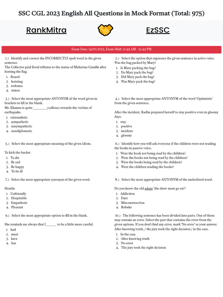 SSC CGL 2023 English Mock Questions | PDF | Climate Change | Greenhouse Gas