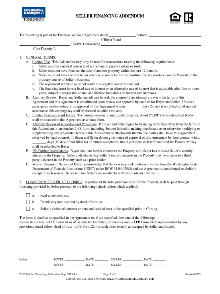 Seller Financing Addendum Overview | PDF | Payments | Sales