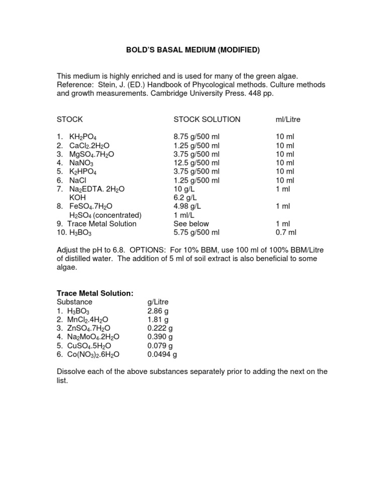 Bold's Basal Medium Composition Guide | PDF
